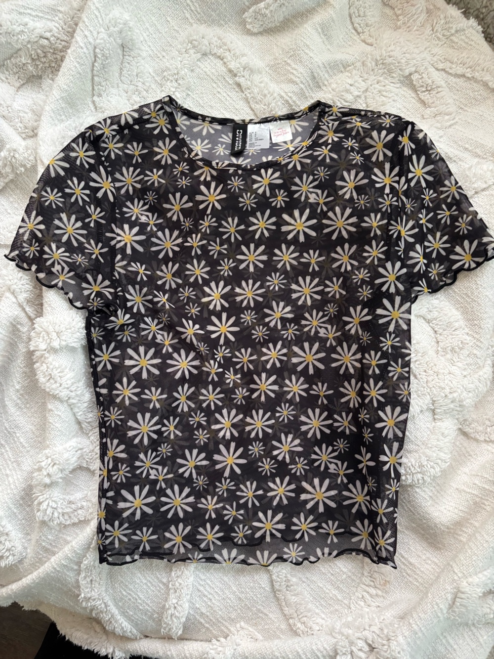 Black Sheer Mesh Daisy Print Top